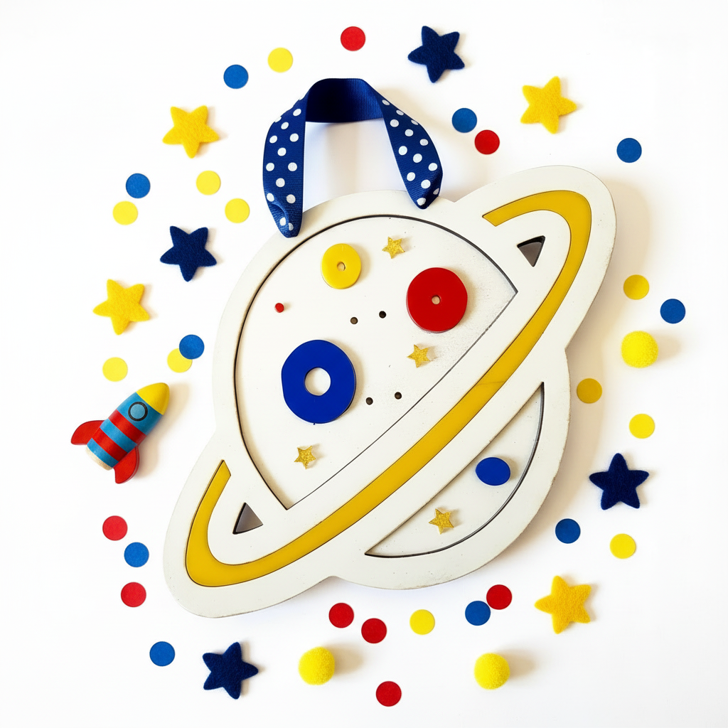 Handmade wooden planet wall frame 24×35 cm with colorful plexiglass details, space-themed kids decor – So Cute by Dimi.