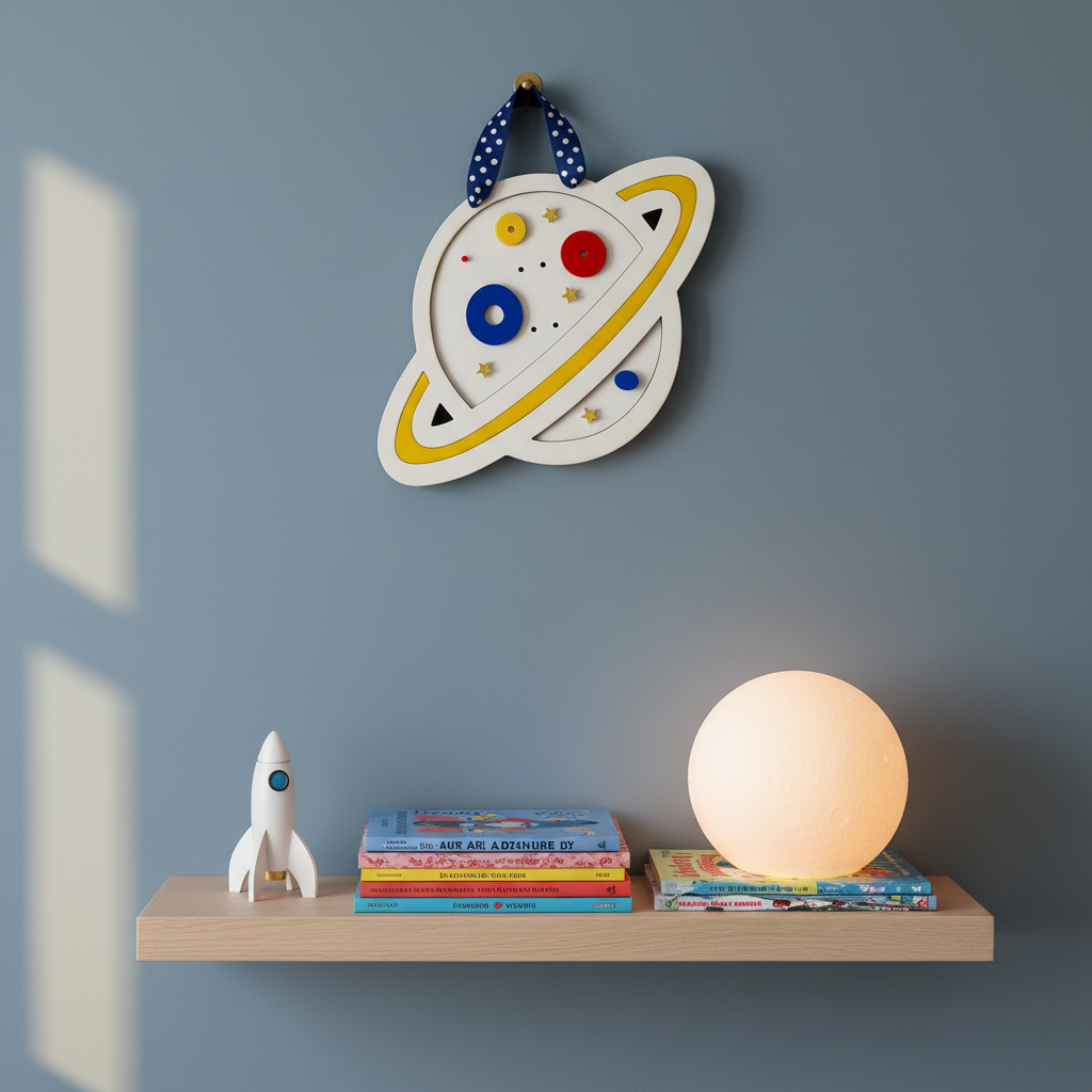 Handmade wooden planet wall frame 24×35 cm with colorful plexiglass details, space-themed kids decor – So Cute by Dimi.