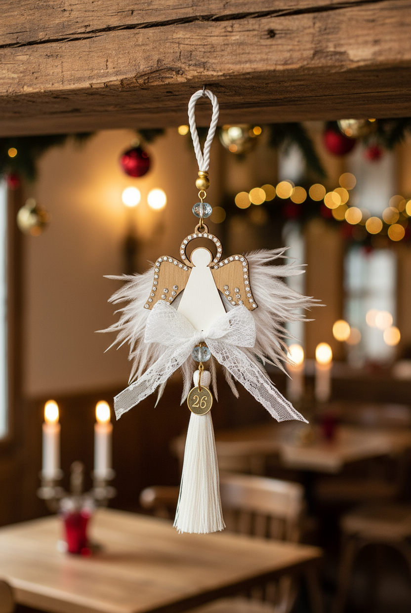 Χειροποίητο γούρι άγγελος με ξύλο, λευκό plexiglass, στρας και λευκή φούντα – So Cute by Dimi