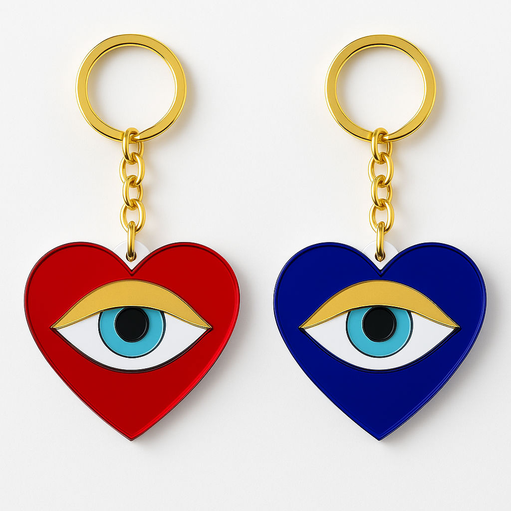 Heart Eye Mirror Keychain από plexiglass κόκκινο ή μπλε με χρυσές λεπτομέρειες – So Cute by Dimi