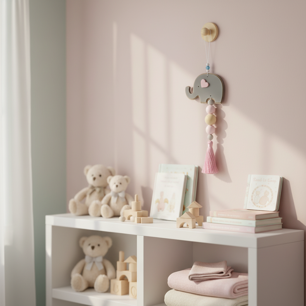 Handmade baby elephant hanging charm with wooden beads, pastel heart and tassel – newborn gift.