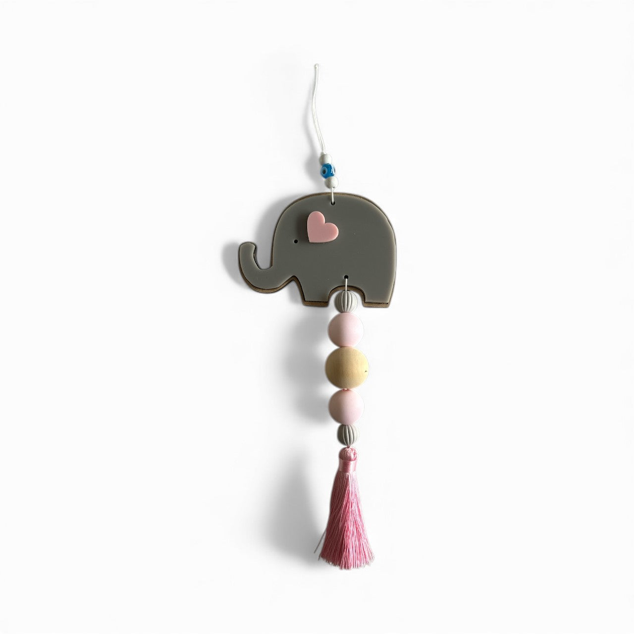 Handmade baby elephant hanging charm with wooden beads, pastel heart and tassel – newborn gift.