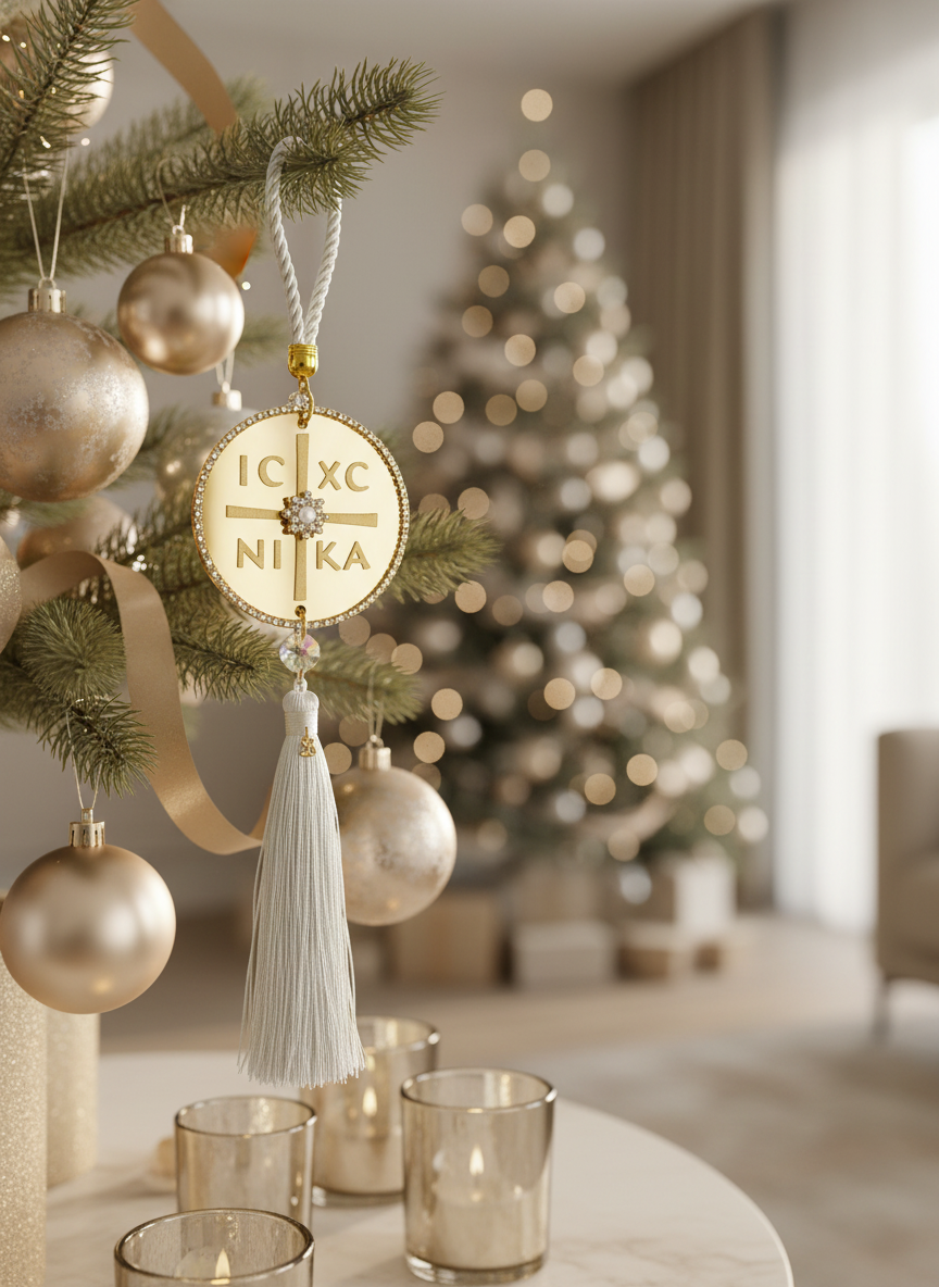 Χρυσό γούρι IC XC NIKA σε festive πολυτελές χριστουγεννιάτικο καθιστικό.