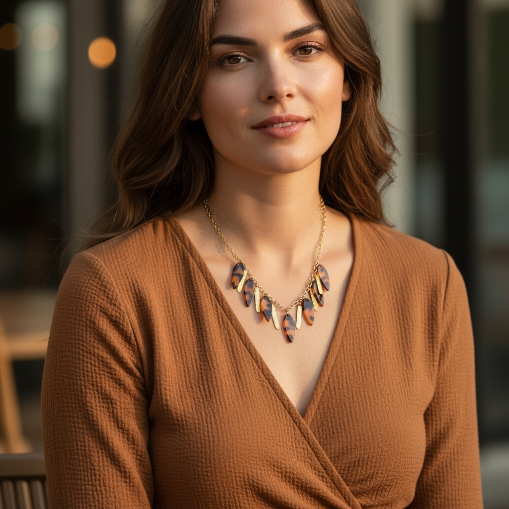 Ατσάλινο κολιέ με χρυσή αλυσίδα και πράσινα & χρυσά κρεμαστά φύλλα – So Cute by Dimi