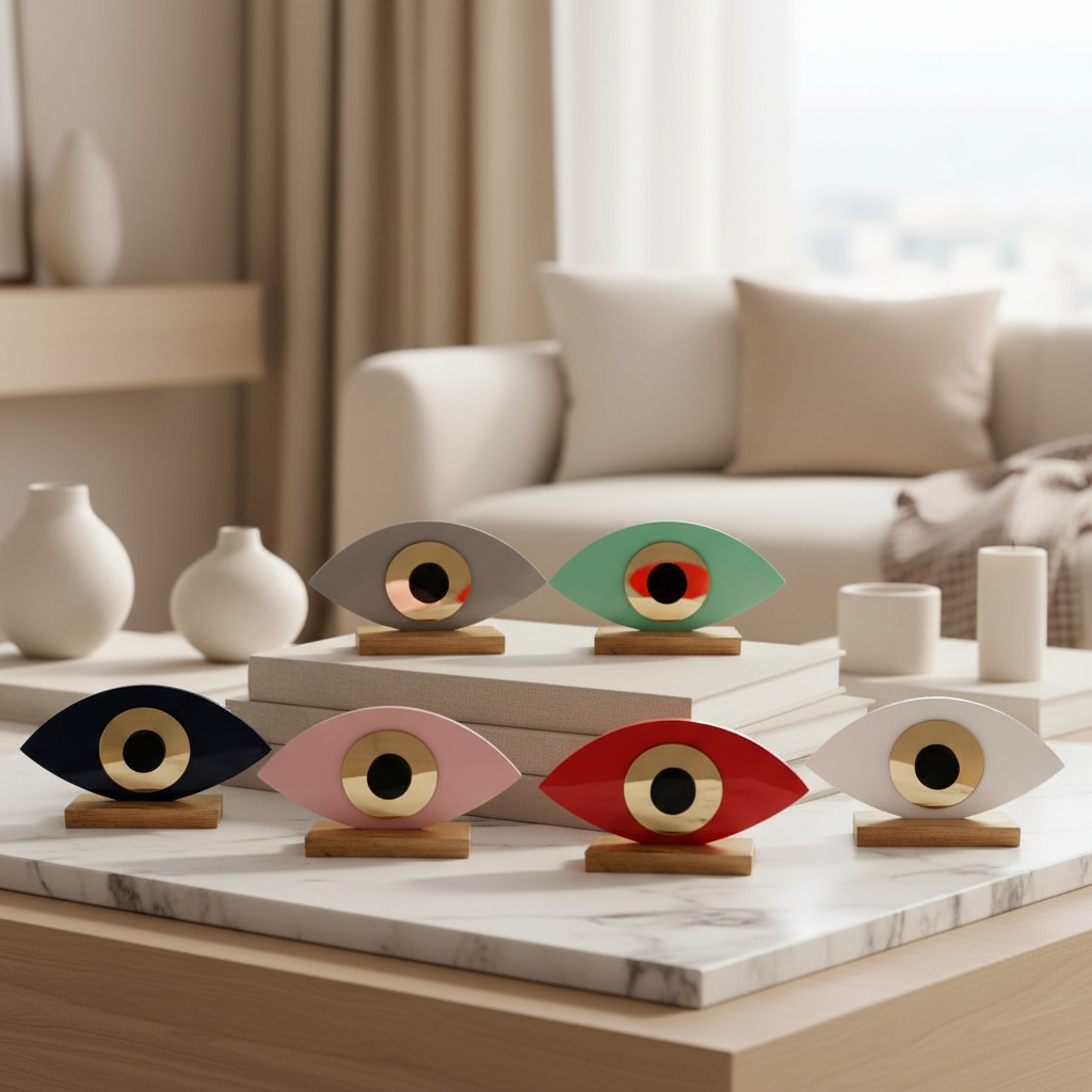 Οβάλ χειροποίητο γούρι plexiglass με μάτι και ξύλινη βάση σε ποικιλία χρωμάτων σε μίνιμαλ καθιστικό – So Cute by Dimi