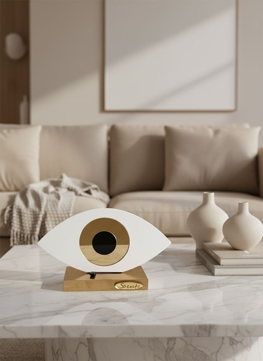 Οβάλ χειροποίητο γούρι plexiglass με μάτι και ξύλινη βάση σε λευκό χρώμα– So Cute by Dimi