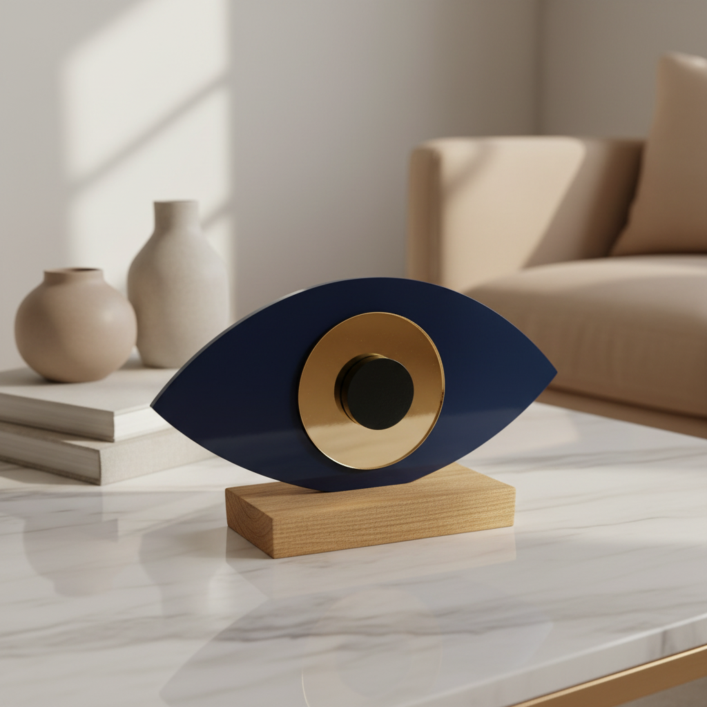 Οβάλ χειροποίητο γούρι plexiglass με μάτι και ξύλινη βάση σε σκούρο μπλε χρώμα – So Cute by Dimi