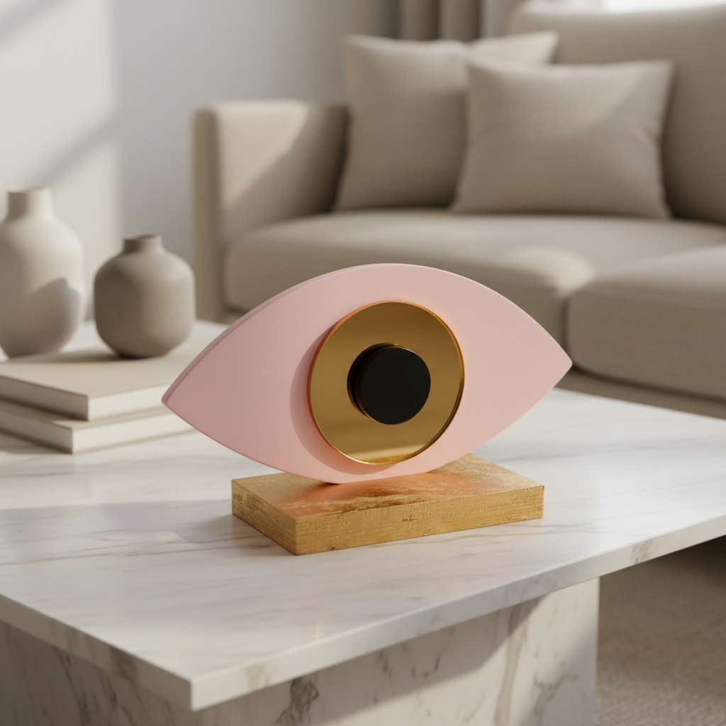 Οβάλ χειροποίητο γούρι plexiglass με μάτι και ξύλινη βάση σε ροζ χρώμα – So Cute by Dimi