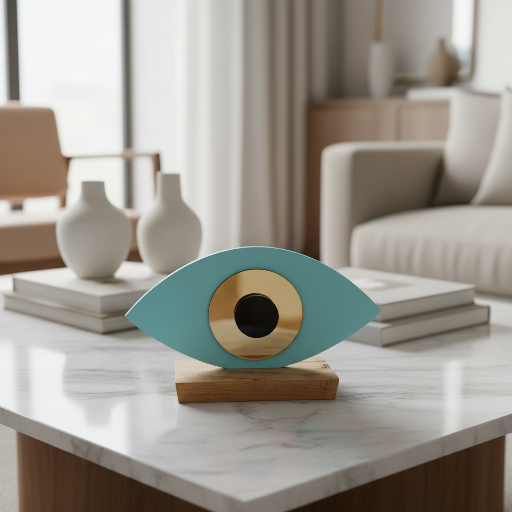 Οβάλ χειροποίητο γούρι plexiglass με μάτι και ξύλινη βάση σε γαλάζιο χρώμα – So Cute by Dimi