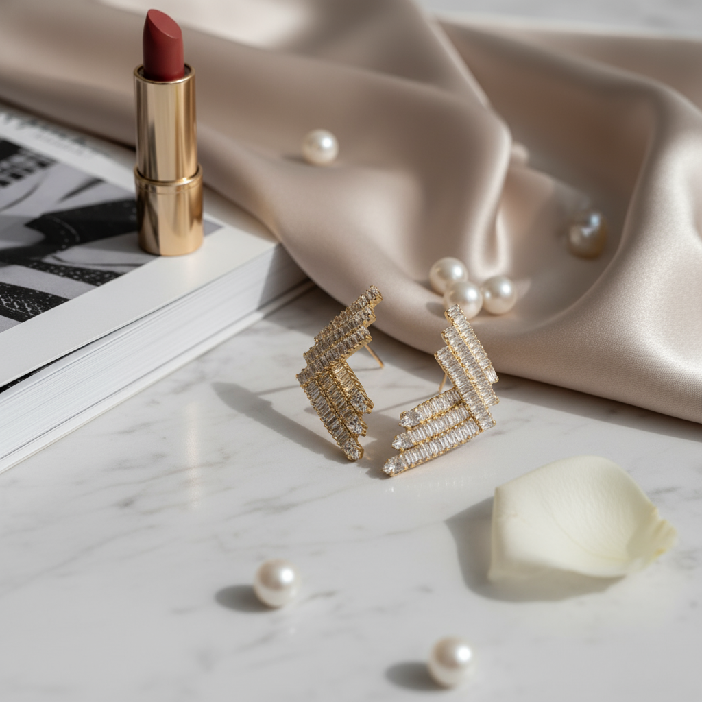 Χρυσά ατσάλινα σκουλαρίκια με baguette ζιργκόν, So Cute by Dimi.