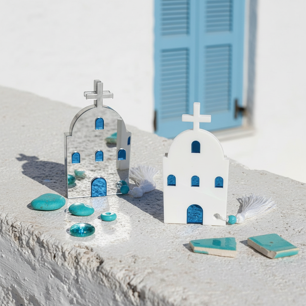 Μικρό επιτραπέζιο γούρι εκκλησάκι από πλεξιγκλάς με μπλε λεπτομέρειες και φούντα – So Cute by Dimi"