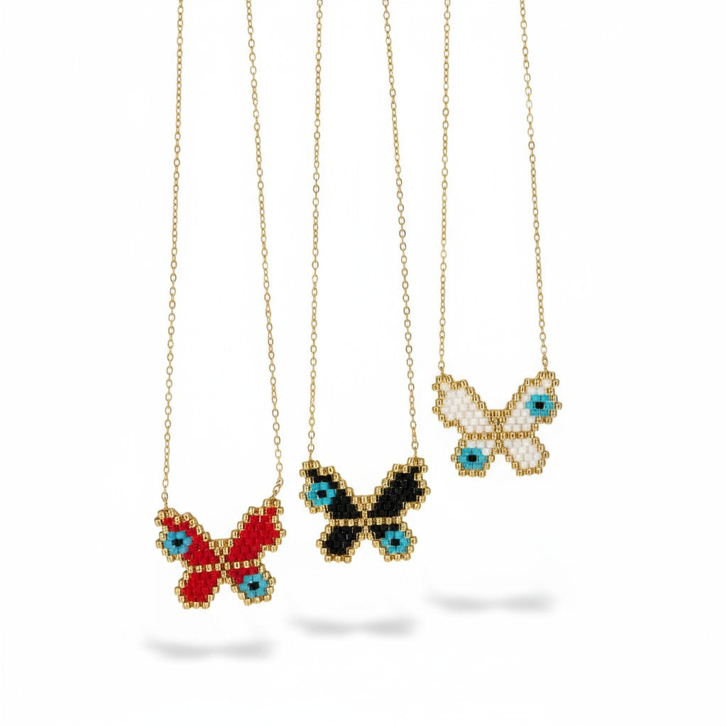 Κολιέ Butterfly Eye με πεταλούδα & μάτι από χάντρες Miyuki σε ατσάλινη αλυσίδα – So Cute by Dimi