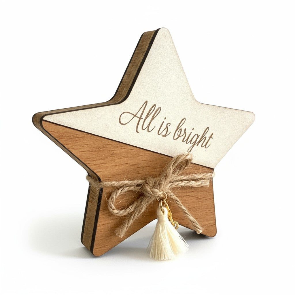 Ξύλινο επιτραπέζιο γούρι All is Bright με φούντα και χαραγμένη ευχή – So Cute by Dimi