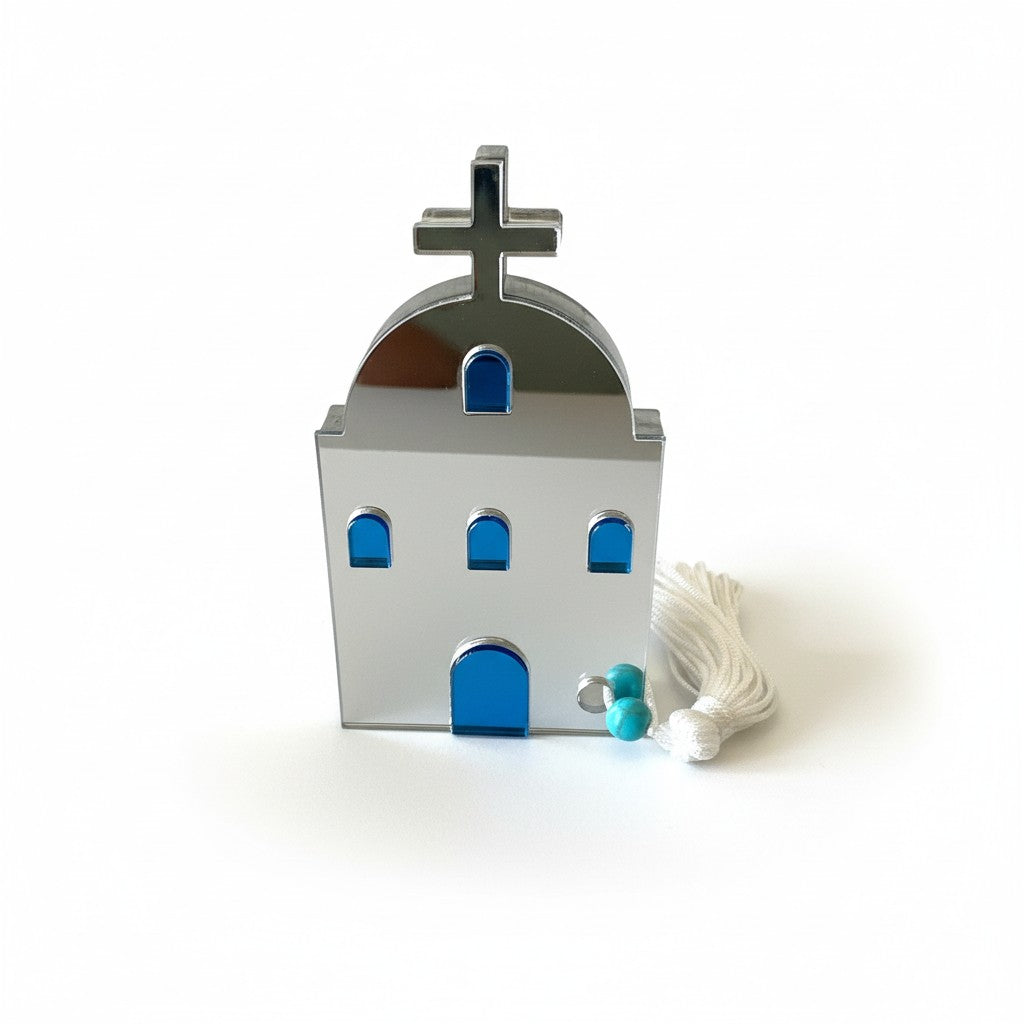 Μικρό επιτραπέζιο γούρι εκκλησάκι από πλεξιγκλάς με μπλε λεπτομέρειες και φούντα – So Cute by Dimi"