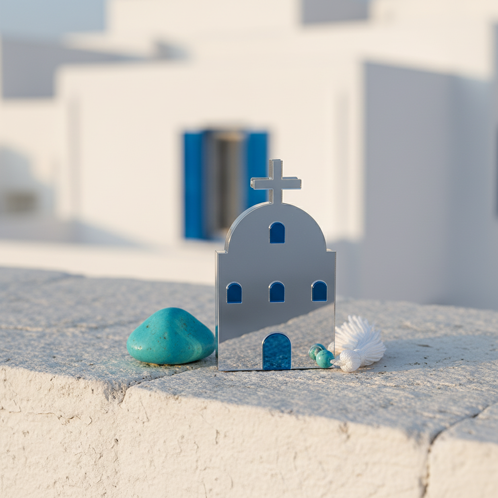 Μικρό επιτραπέζιο γούρι εκκλησάκι από πλεξιγκλάς με μπλε λεπτομέρειες και φούντα – So Cute by Dimi"