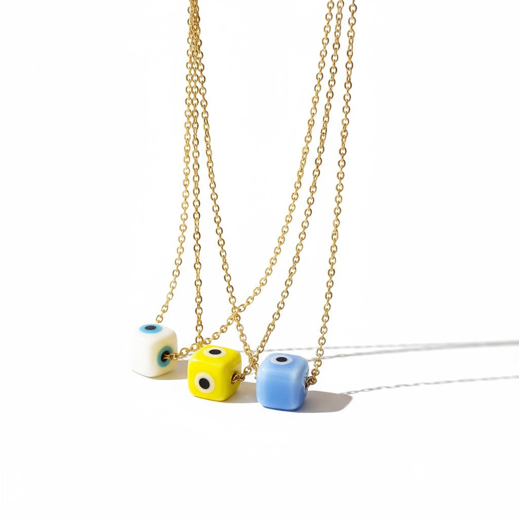 Κολιέ με κυβάκι πορσελάνης μάτι και ατσάλινη αλυσίδα – So Cute by Dimi