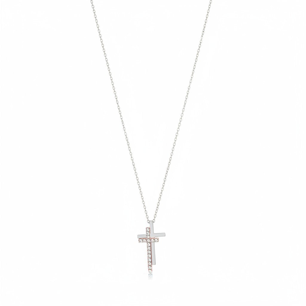 Stainless steel double-cross necklace with crystals in silver – So Cute by Dimi.