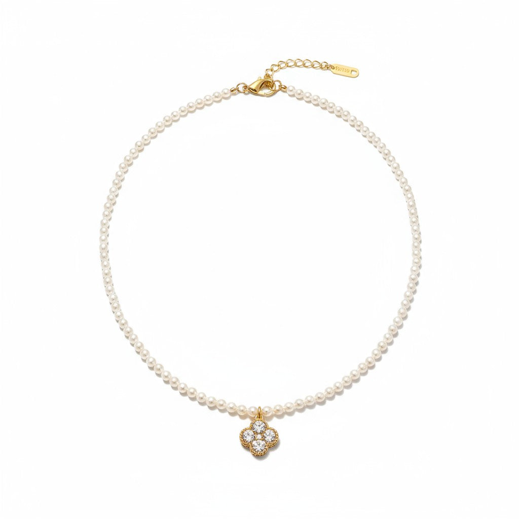 Ατσάλινο κολιέ με πέρλες και μοτίφ clover με ζιργκόν So Cute by Dimi