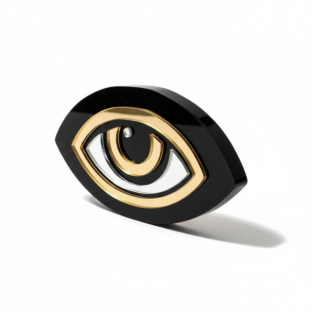 Γούρι μάτι από μαύρο πλεξιγκλάς με χρυσό & ασημί καθρέφτη – So Cute by Dimi