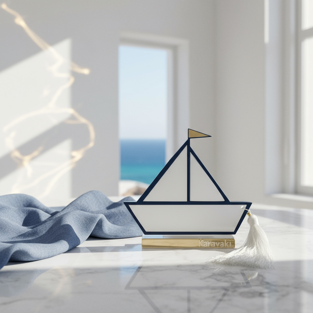 Επιτραπέζιο γούρι καραβάκι από πλεξιγκλάς καθρέφτη με μπλε και χρυσές λεπτομέρειες, σε minimal κυκλαδίτικο σκηνικό με λευκό μάρμαρο, θαλασσινές αποχρώσεις και φυσικό φως, So Cute by Dimi.