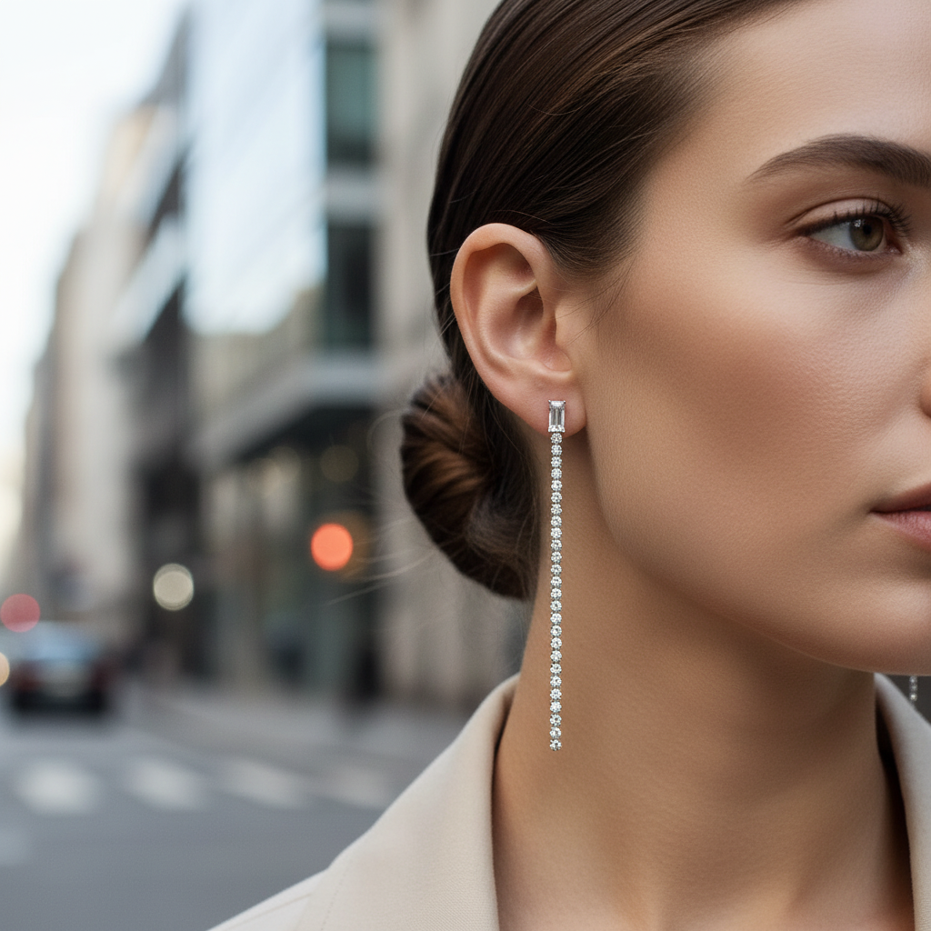 Μακριά ατσάλινα σκουλαρίκια strass σε ασημί, μήκος 9 εκ., So Cute by Dimi