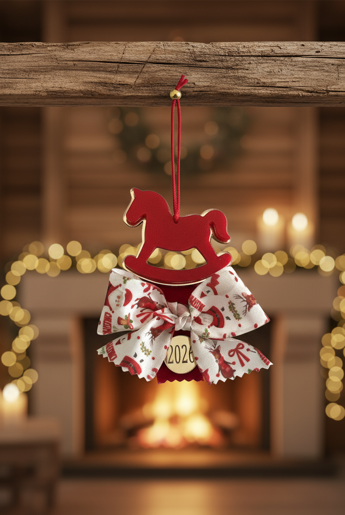 Χειροποίητο γούρι αλογάκι σε κόκκινο και χρυσό plexiglass με festive φιόγκο και charm 26.