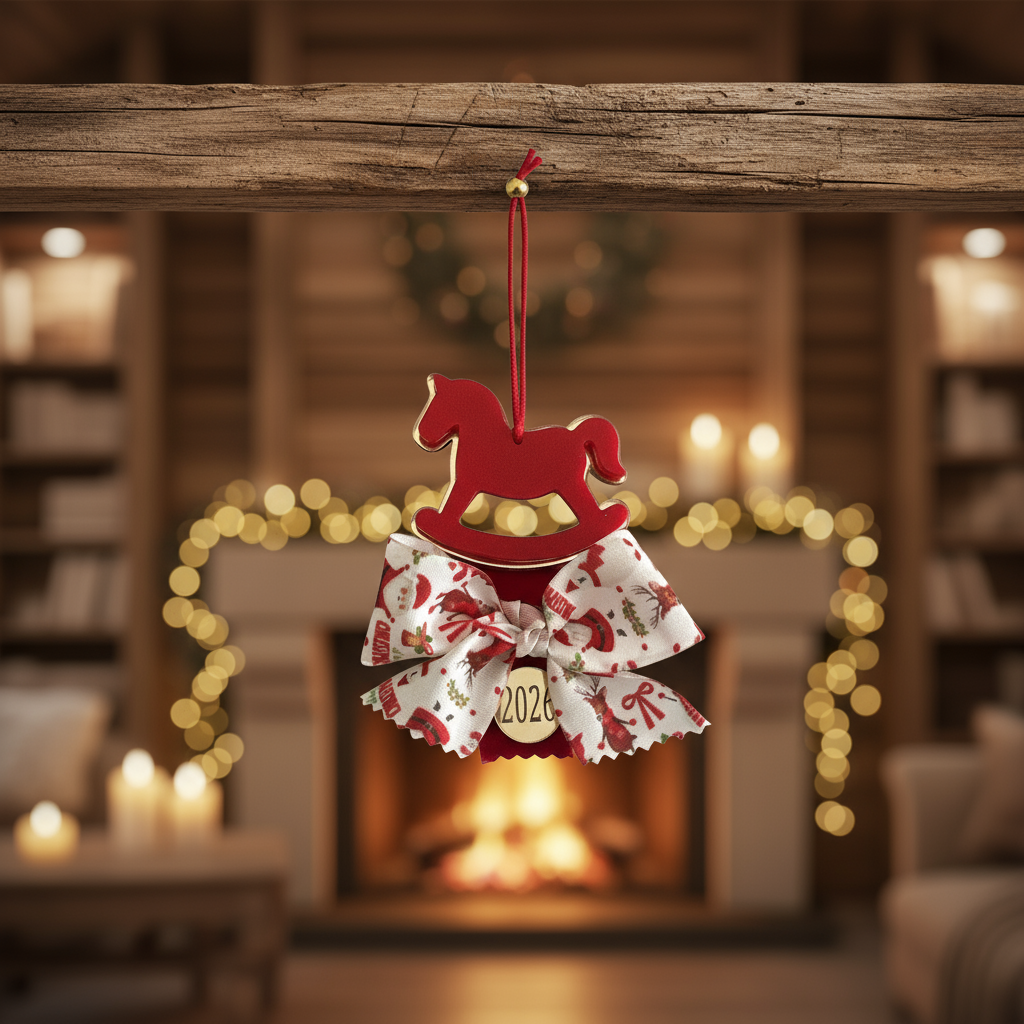 Χειροποίητο γούρι αλογάκι σε κόκκινο και χρυσό plexiglass με festive φιόγκο και charm 26.