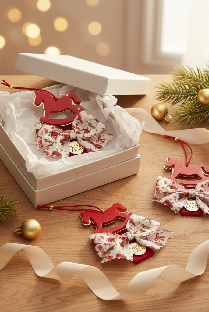 Χειροποίητο γούρι αλογάκι σε κόκκινο και χρυσό plexiglass με festive φιόγκο και charm 26.