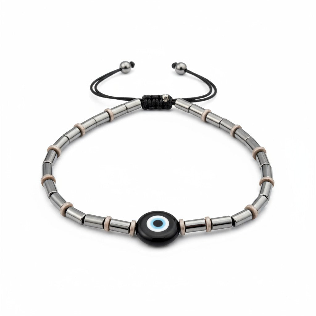 Ανδρικό χειροποίητο βραχιόλι με χάντρες αιματίτη και ματάκι – So Cute by Dimi