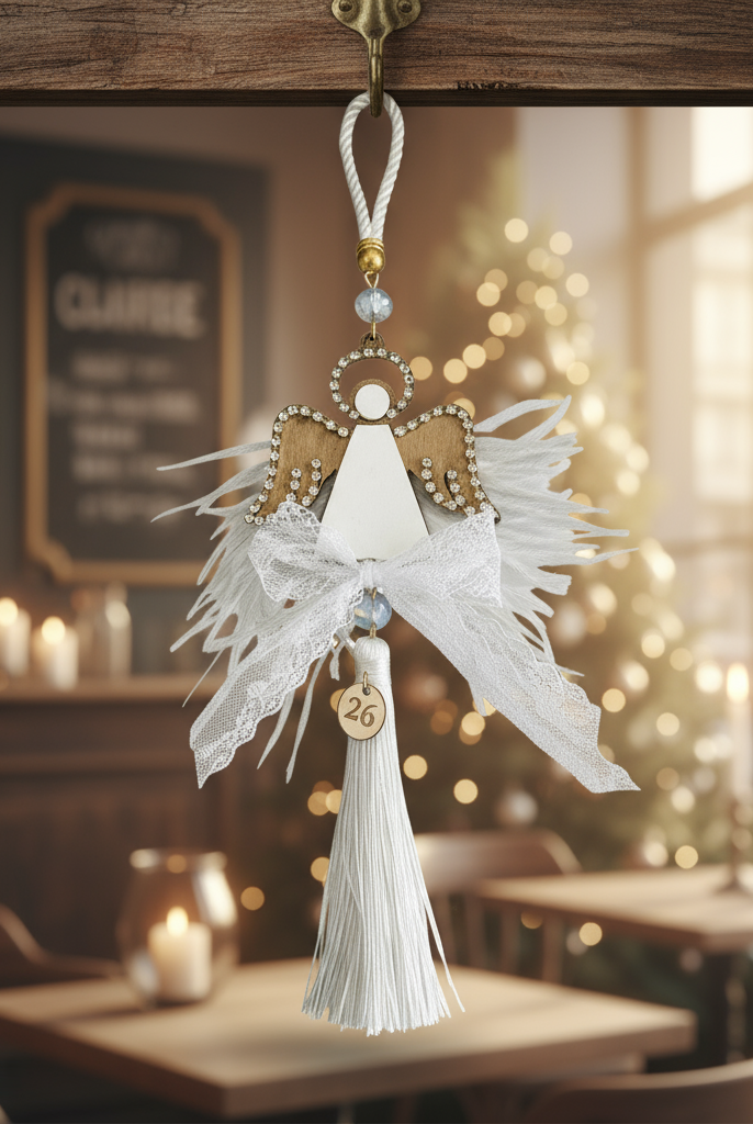 Χειροποίητο γούρι άγγελος με ξύλο, λευκό plexiglass, στρας και λευκή φούντα – So Cute by Dimi