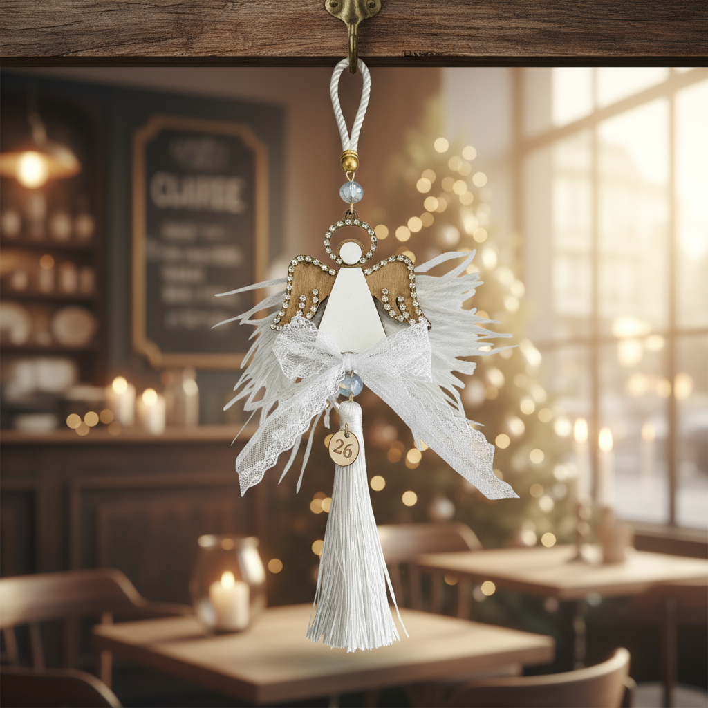 Χειροποίητο γούρι άγγελος με ξύλο, λευκό plexiglass, στρας και λευκή φούντα – So Cute by Dimi