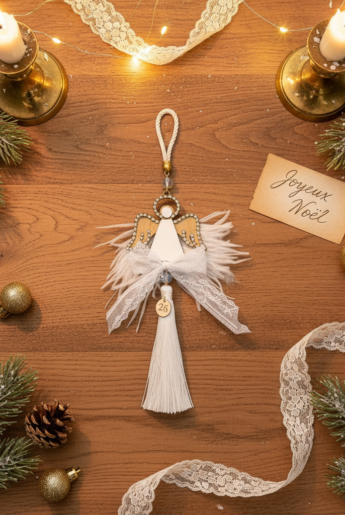 Χειροποίητο γούρι άγγελος με ξύλο, λευκό plexiglass, στρας και λευκή φούντα – So Cute by Dimi