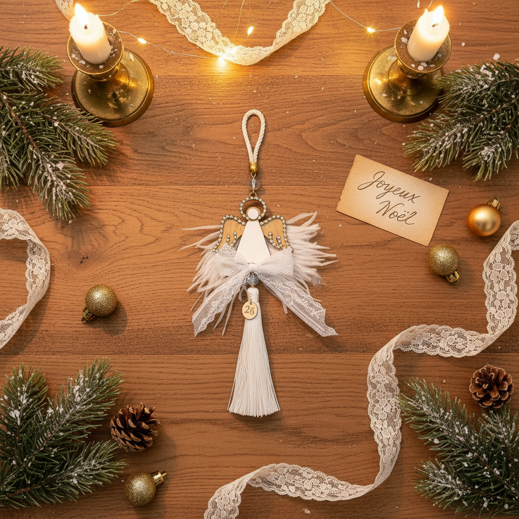 Χειροποίητο γούρι άγγελος με ξύλο, λευκό plexiglass, στρας και λευκή φούντα – So Cute by Dimi