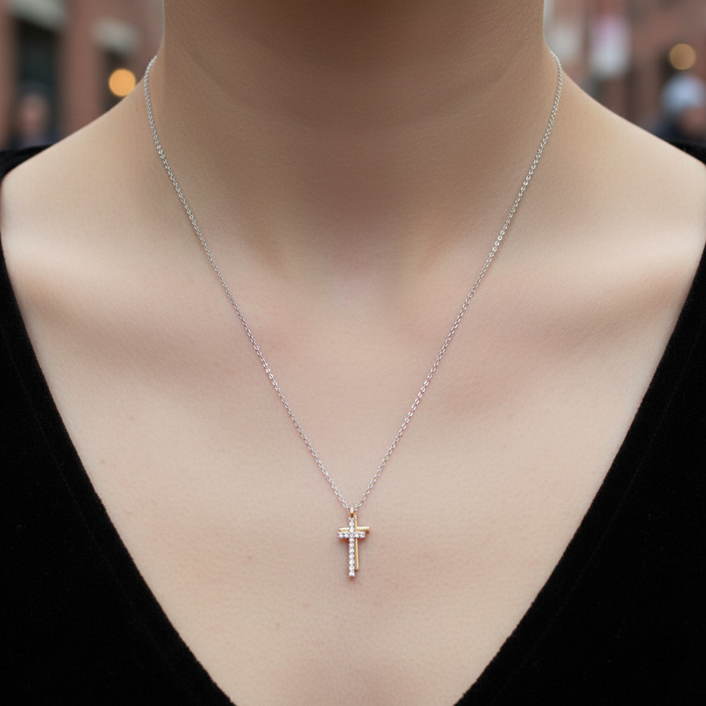 Stainless steel double-cross necklace with crystals in gold – So Cute by Dimi.