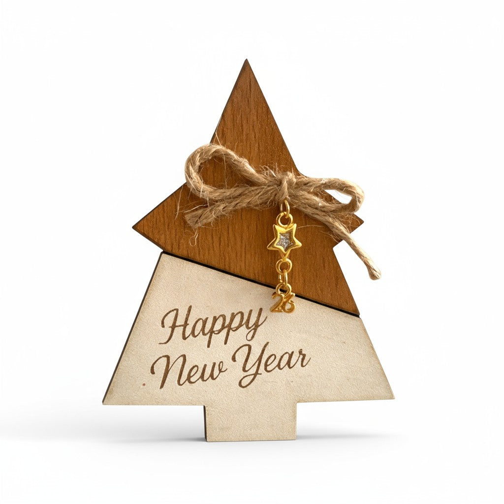 Ξύλινο χειροποίητο γούρι Έλατο, Happy New Year με αστεράκι και φιόγκο λινάτσας – So Cute by Dimi