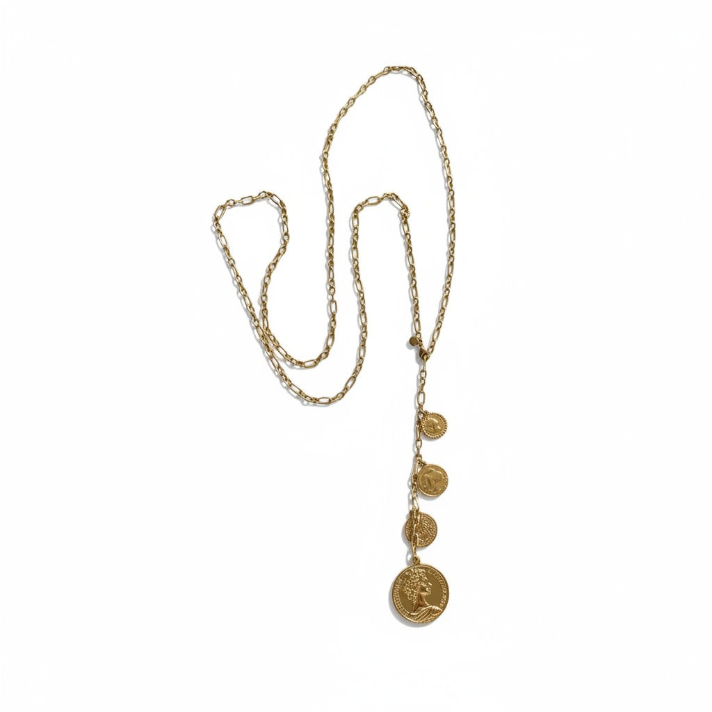 Aelia Coins Y-Chain – Μακρύ ατσάλινο κολιέ 106εκ με κρεμαστές λίρες σε Y-shape, σε silver ή gold.