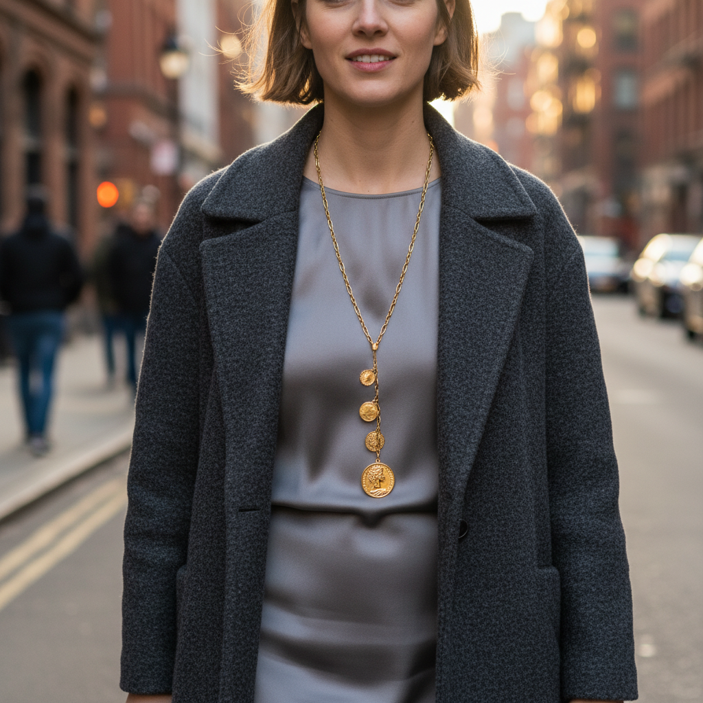 Aelia Coins Y-Chain – Μακρύ ατσάλινο κολιέ 106εκ με κρεμαστές λίρες σε Y-shape, σε silver ή gold.