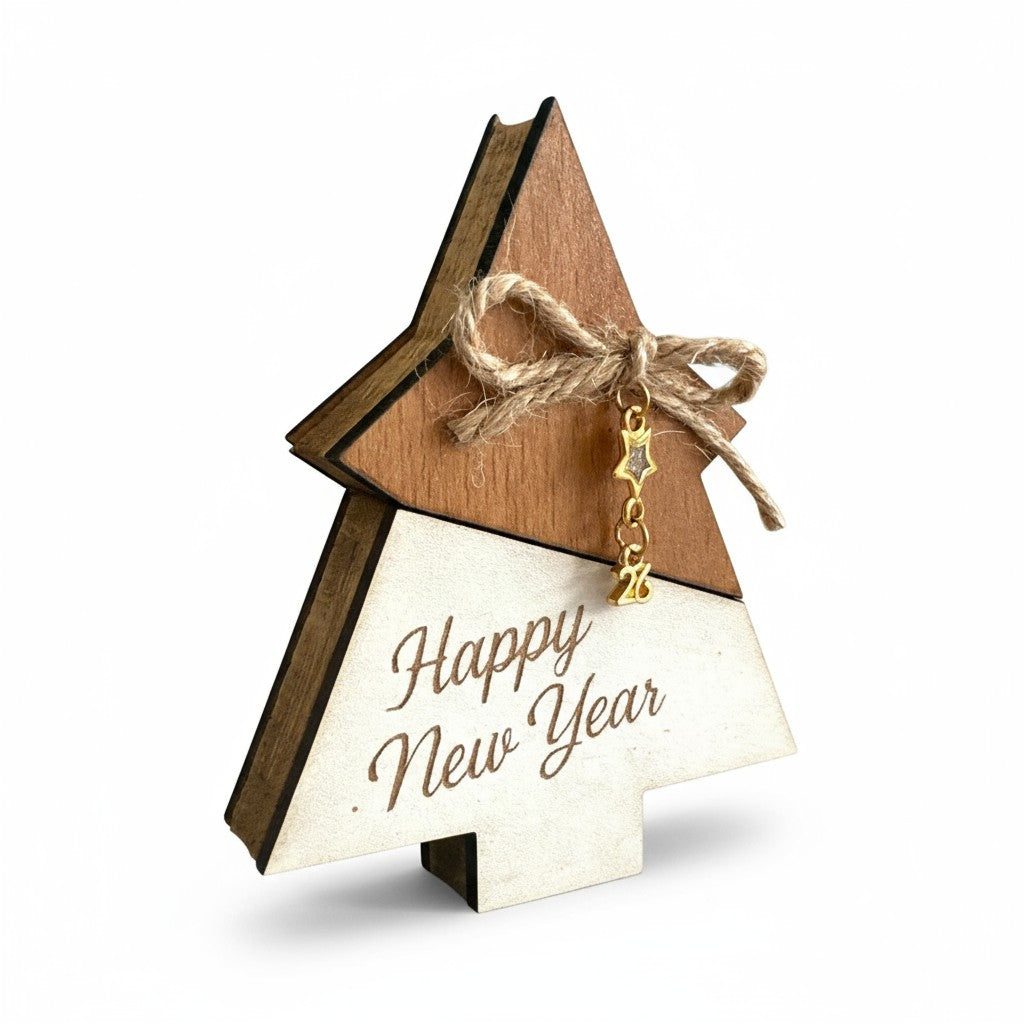 Ξύλινο χειροποίητο γούρι Έλατο, Happy New Year με αστεράκι και φιόγκο λινάτσας – So Cute by Dimi