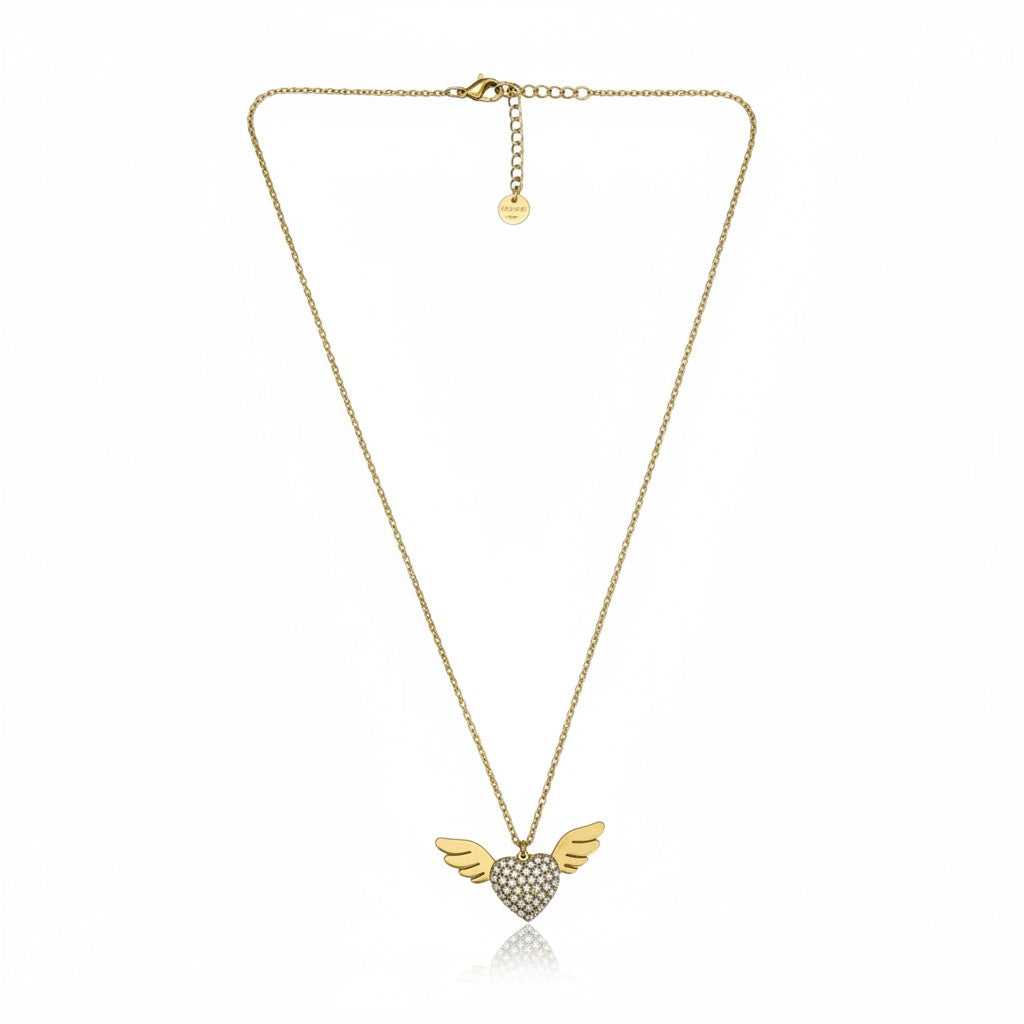 Stainless steel angel wing heart necklace with rhinestones in gold – So Cute by Dimi.