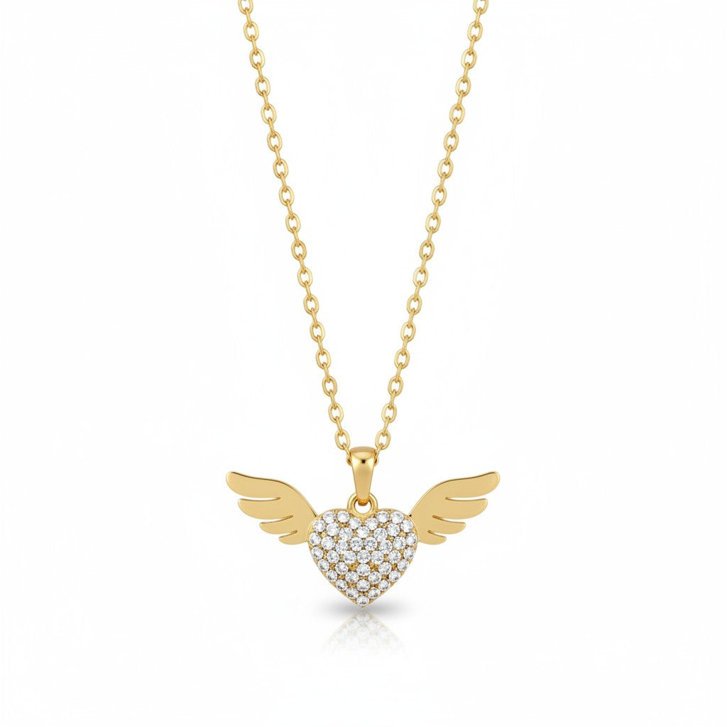 Stainless steel angel wing heart necklace with rhinestones in gold – So Cute by Dimi.