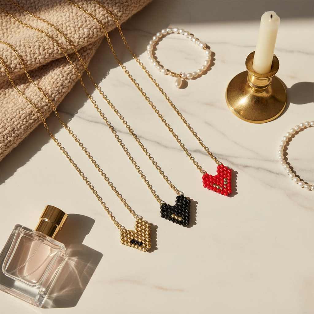 Ατσάλινο κολιέ με καρδιά Miyuki και 3 χρυσές χάντρες. Διαθέσιμο σε 3 χρώματα στο So Cute by Dimi.