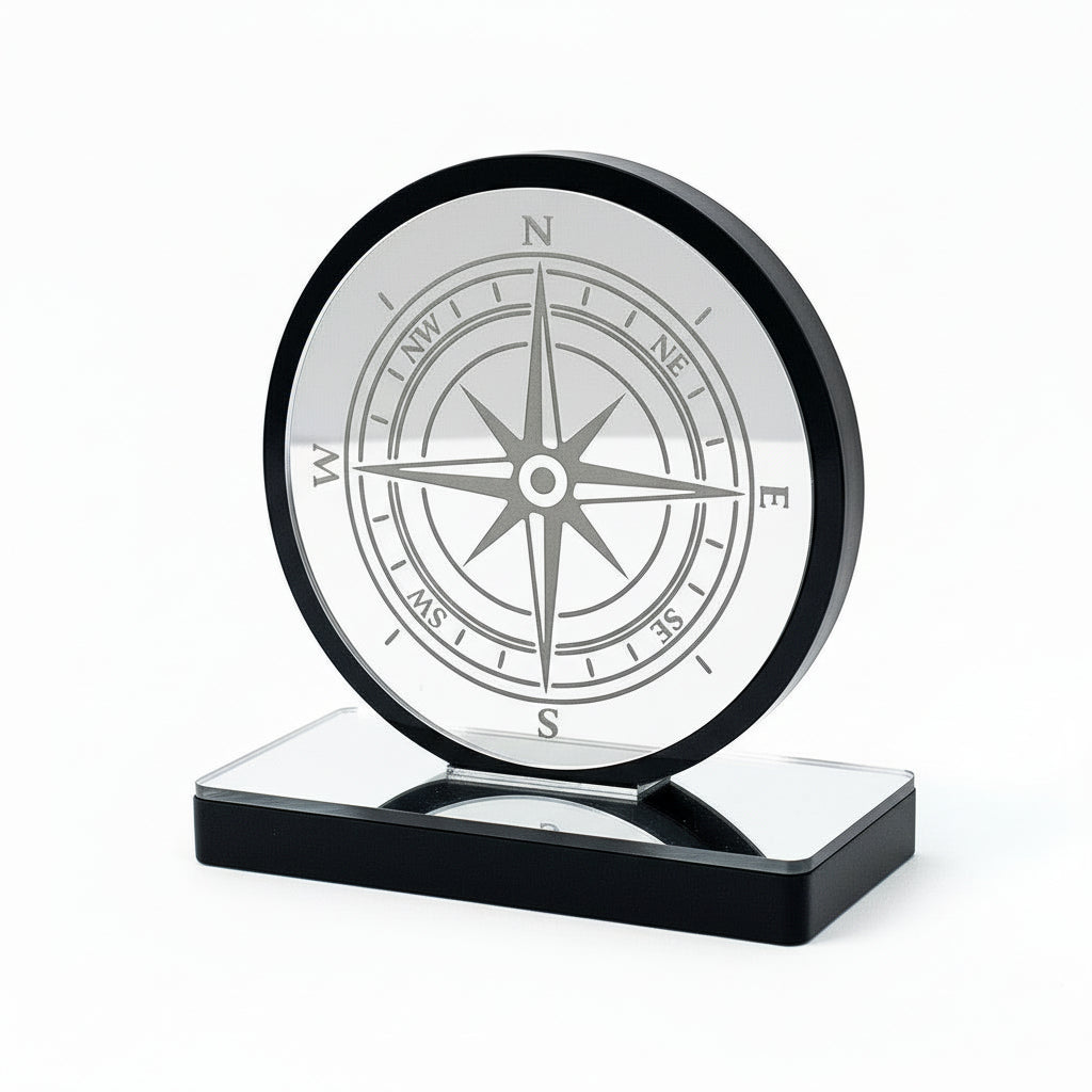 Χειροποίητο επιτραπέζιο γούρι πυξίδα από πλεξιγκλάς καθρέφτη με χάραξη, διαθέσιμο σε μαύρο ή λευκό με χρυσό ή ασημί, So Cute by Dimi.