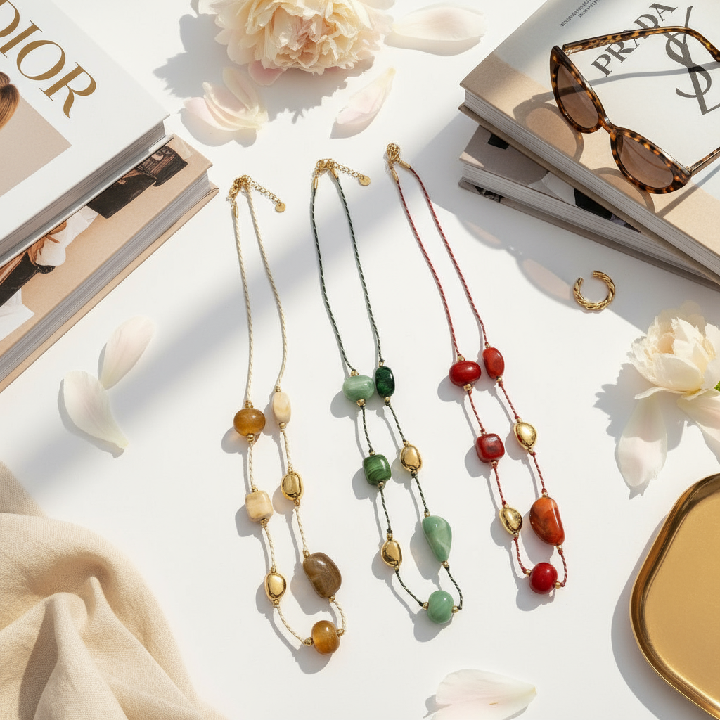 Μακρύ κολιέ με κορδόνι, χάντρες πέτρας και ατσάλινα μεταλλικά στοιχεία – So Cute by Dimi