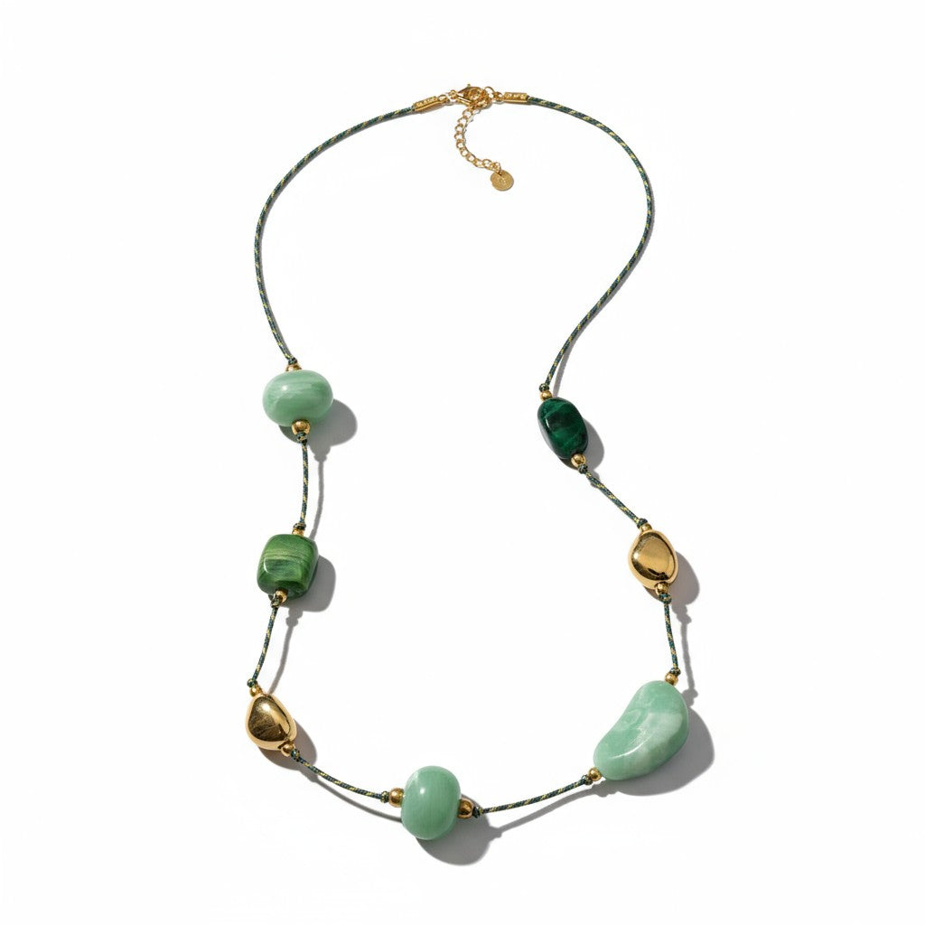 Μακρύ κολιέ με κορδόνι, χάντρες πέτρας και ατσάλινα μεταλλικά στοιχεία – So Cute by Dimi