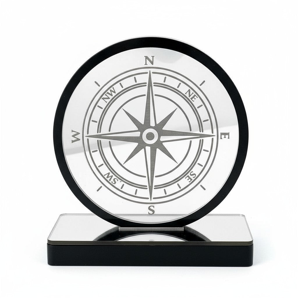 Χειροποίητο επιτραπέζιο γούρι πυξίδα από πλεξιγκλάς καθρέφτη με χάραξη, διαθέσιμο σε μαύρο ή λευκό με χρυσό ή ασημί, So Cute by Dimi.