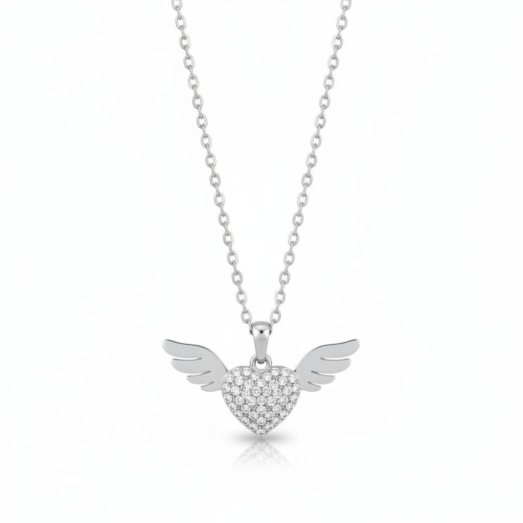 Stainless steel angel wing heart necklace with rhinestones in silver – So Cute by Dimi.