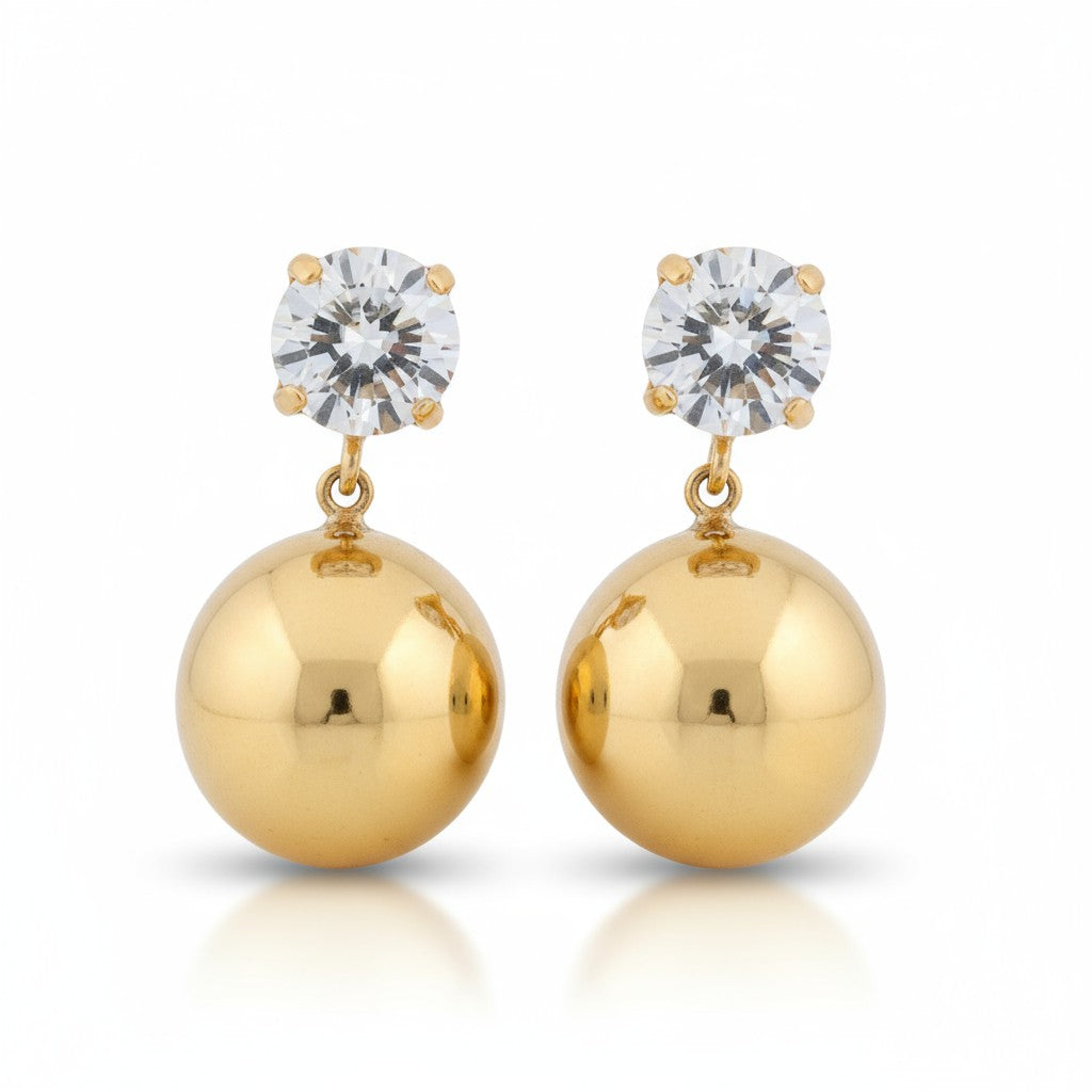 Ατσάλινα Σκουλαρίκια με Ζιργκόν & Στρογγυλή Μεταλλική Σφαίρα | So Cute By Dimi