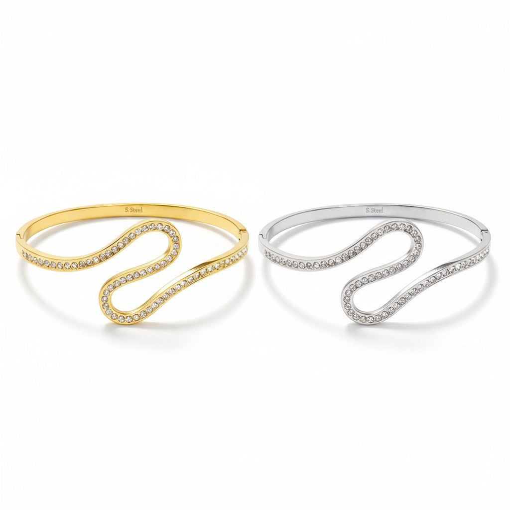 Ατσάλινο βραχιόλι με κυματιστή ροή και ζιργκόν – Crystal Flow Bangle