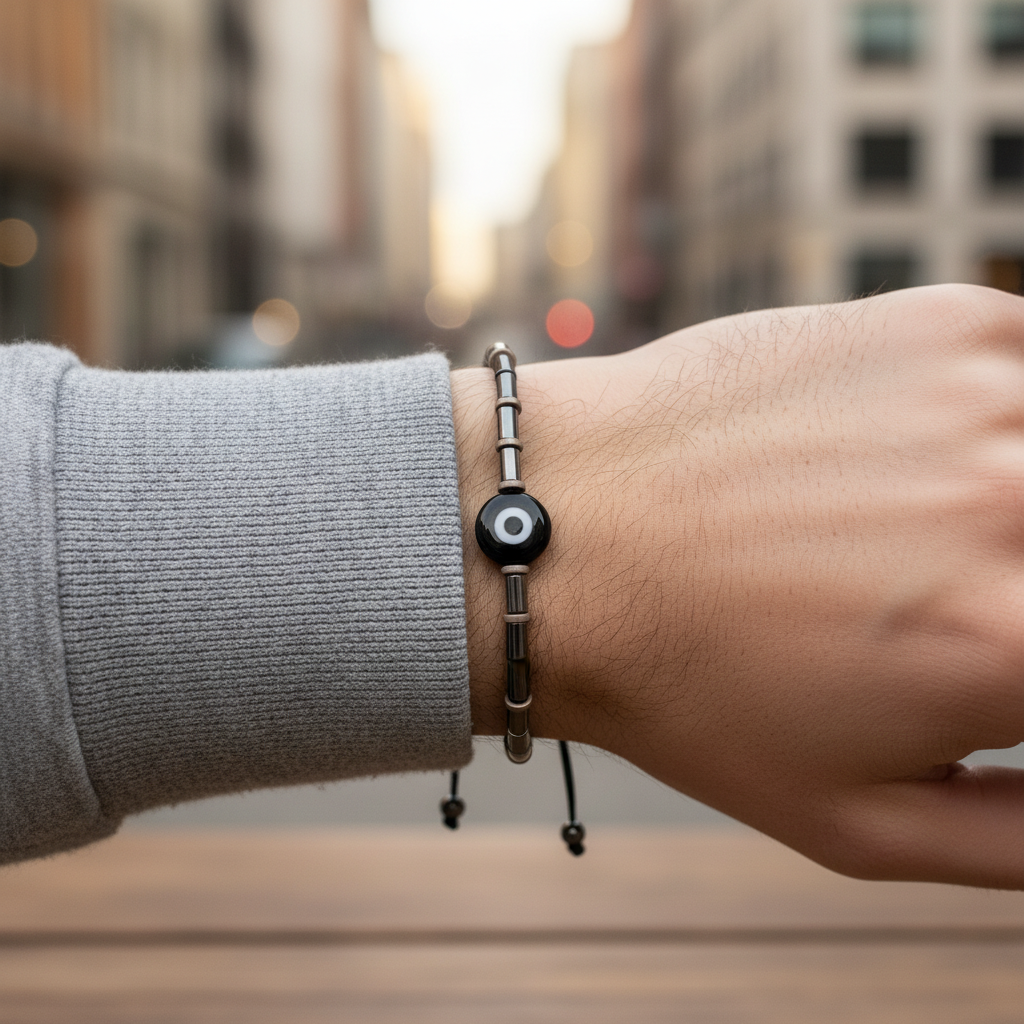 Ανδρικό χειροποίητο βραχιόλι με χάντρες αιματίτη και ματάκι – So Cute by Dimi