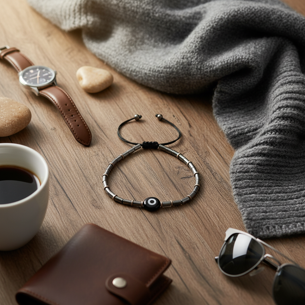 Ανδρικό χειροποίητο βραχιόλι με χάντρες αιματίτη και ματάκι – So Cute by Dimi